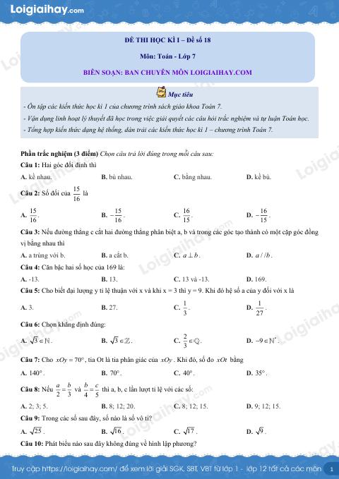 Đề thi học kì 1 Toán 7 Cánh diều - Đề số 18